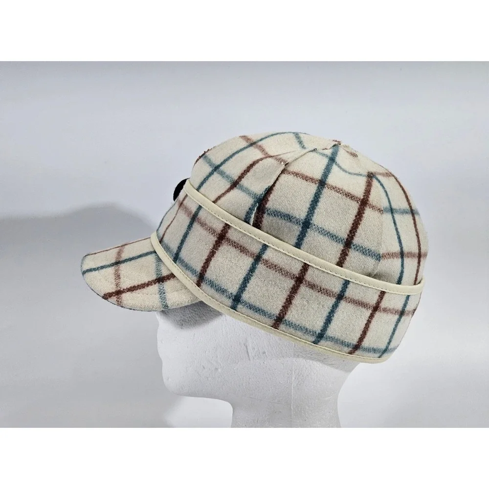 Stormy Kromer Petal Pusher Cap Cream Plaid Wool Blend Hat with Flower Size 6 7/8